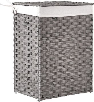 Beliani Cesto Para La Ropa Sucia Plegable De Tejido Trenzado Con Tapa Forro Extra&iacute;ble Hecho A Mano Cuarto De Ba&ntilde;o 83l Gris Mucubaji