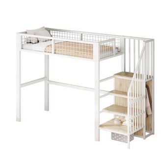 STILVORA Letto A Soppalco 90&times;200 Cm, Letto Singolo Con Scala, Armadio E Vani Portaoggetti, Senza Materasso, Metallo, Bianco