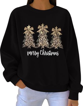 Generic Ladies Tops Casual Long Sleeve Loose Pullover Womens Christmas Sweatshirts Crewneck Xmas Tree Snowflake Print Cute Blouse Graphic Tees Trendy Jumper C
