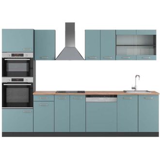 Vicco Cucina componibile R-Line, Blu-grigio/antracite, 300 cm con armadio alto, pl Rovere