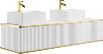 Vente-Unique Mueble de ba&ntilde;o suspendido estriado con ribete dorado 2 cajones con doble lavabo cuadrado sobre encimera - Blanco - 150 cm - KELIZA
