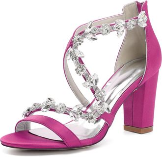 Generic Bridal Heeled Sandals Womens Chunky Block Open Toe Wedding Prom Party Evening Homecoming Dress Shoes 8.5Cm,Rose Red,10 UK