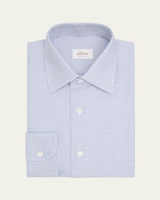Brioni Mens Cotton Textured-Check Point Collar Dress Shirt