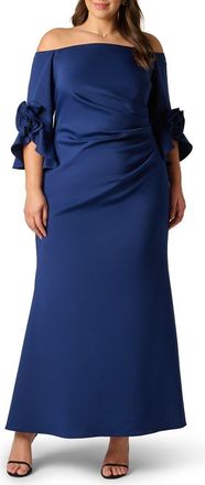 Adrianna Papell Rosette Off the Shoulder Scuba Crepe Gown in Navy Sateen at Nordstrom, Size 18W