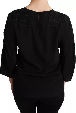 Dolce & Gabbana Womens Black Floral Embroidered Blouse Silk Top