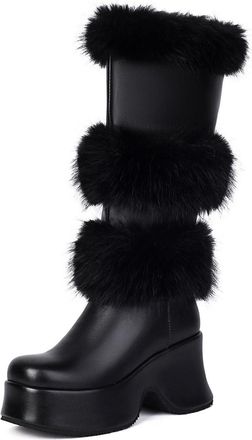 Generic Womens Pull on Winter Boots Wedge Heel Platform Long Boots Round Toe PU Leather Mid-Calf Boot,Black,4.5 UK