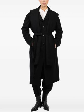 Yohji Yamamoto scarf-detail belted coat - Zwart