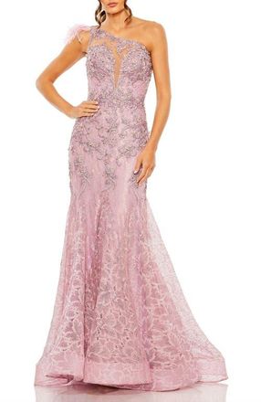Mac Duggal Embroidered Applique Feathered One Shoulder Gown in Rose at Nordstrom, Size 12