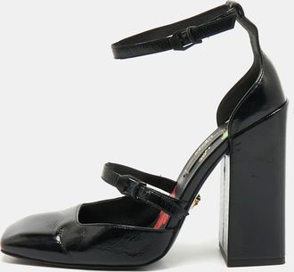 Versace Black Leather Ankle Wrap Block Heel Pumps