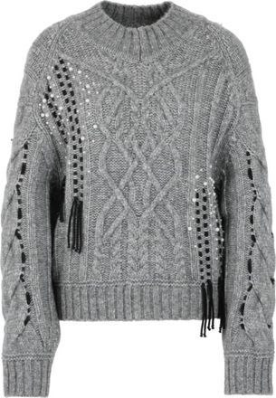 Marc Cain Trui met kabelpatroon en pareldetails - Dames - Ronde hals truien - Grijs - XS - Truien & Vesten