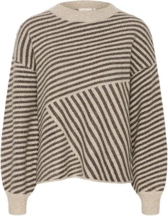 Kaffe Gestreepte Gebreide Trui in Grijs/Bruin Melange - Dames - Ronde hals truien - Bruin - M - Wol - Truien & Vesten