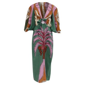 Johanna Ortiz Tropical-Print Midi Dress in Multicolor Linen
