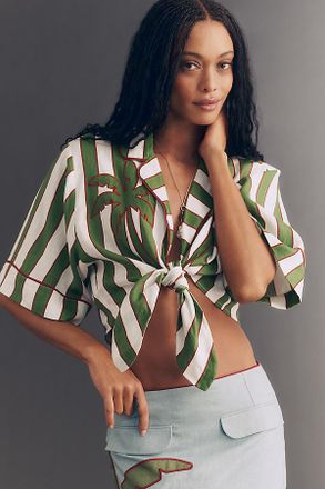 Farm Rio Spring Stripes Tie-Front Linen Top