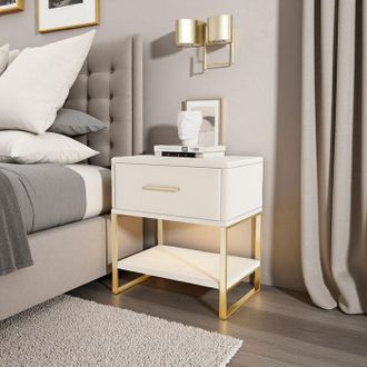 OEM Mesita De Noche Lote De 2, Led Ajustable, 1 Caj&oacute;n, Marco De Metal Dorado, Estilo Moderno, Tela De Terciopelo, Beige