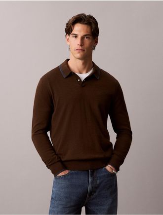 Calvin Klein Mens Extra Fine Merino Tipping Polo Sweater - Brown - 2XL
