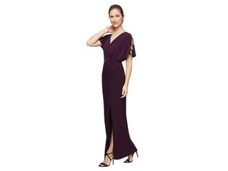 Alex Evenings Long Knot Front Dress Womens Dress Eggplant : 14, Spandex/Polyester
