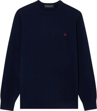 Brooks Brothers Lamswol trui met ronde hals en logo - Heren - Ronde hals truien - Blauw - L - Wol - Truien & Vesten