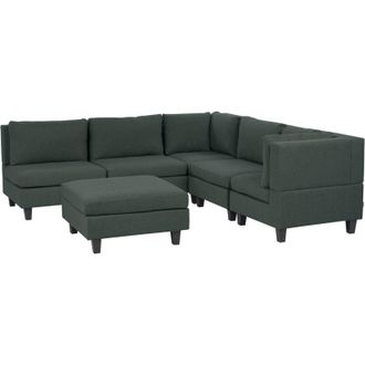Beliani Sof&aacute; Modular Moderno 5 Plazas Tapizado Tela Patas Negras Respaldo Acolchado Izquierdo Verde Oscuro Con Otomana Unstad