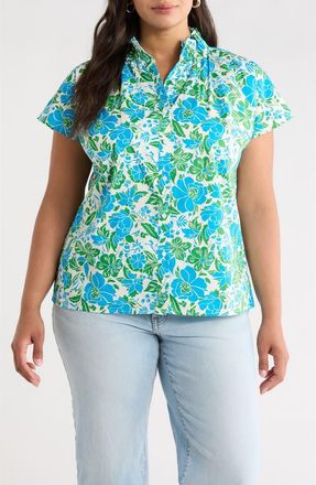 Sugarlips Bivore Patma Floral Mock Neck Button-Up Top in Blue-Green-White at Nordstrom, Size 3 X