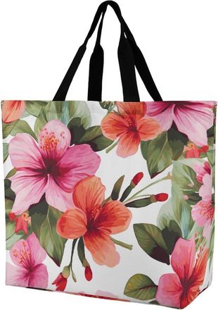 Generic Hawaiian Flower Print Grocery Bag Lightweight Shopping Bag Large Capacity Handbags For College Camping Beach