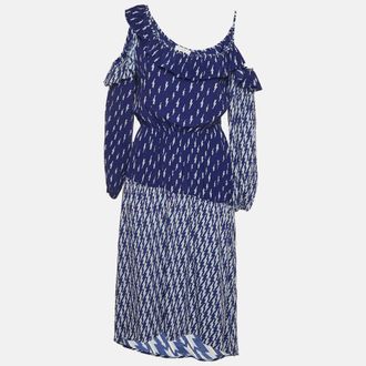 Sandro Blue Lightning Bolt Print Crepe Cold-Shoulder Midi Dress