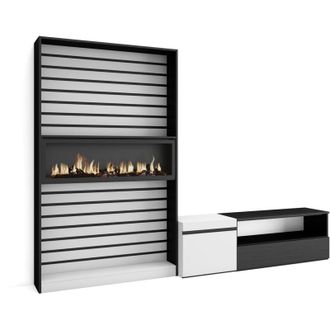 Skraut Home Mobile Soggiorno tv, Parete Attrezzata Soggiorno, 260x186x35cm, Per tv fino a 65, Camino elettrico, Stile moderno, Bianco e nero - Skraut Home