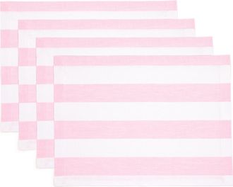 Solino Home Linen Placemats Set of 4, 14 x 19 Inch for Dining Table, Holiday and Everyday Table Decor - Cabana Stripe in Cherry Blossom And White at