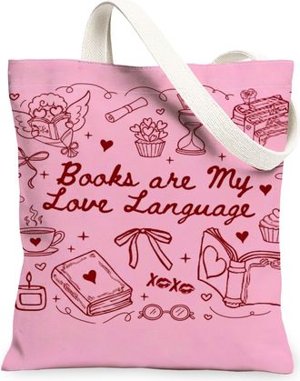 Generic Heart Pattern Canvas Tote Bags, Cute Love Design Reusable Grocery Bags, ValentineS Day Lightweight Washable Shoulder Strap, Peach, 13x15 Inch
