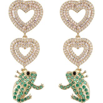Eye Candy Los Angeles Pav&eacute; Cubic Zirconia Heart & Frog Prince Drop Earrings in Gold at Nordstrom Rack