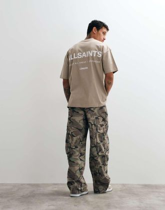 AllSaints Backstage - T-shirt a maniche corte color pietra con stampa del logo sul retro-Neutro