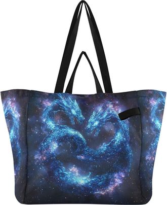 Generic Dragon Blue Pink print Reusable Canvas Tote Bag, Heavy Duty Grocery Shopping Bag with Double Handles Large Capacity Hard Bottom Work Groceries Travel