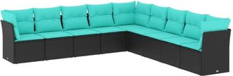 vidaXL 9 Piece Garden Sofa Set with Cushions Black Poly Rattan Vidaxl