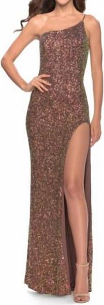 La Femme Sequin One Shoulder Dress With Slit In Bronze