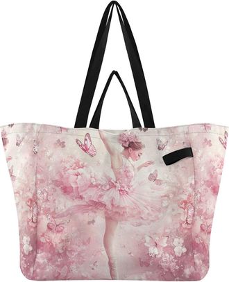 Generic Pink Butterfly Ballet pattern Reusable Canvas Tote Bag, Heavy Duty Grocery Shopping Bag with Hard Bottom Double Handles Large Capacity Work Groceries 