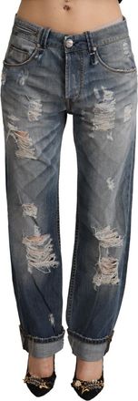 Acht Womens Distressed Boyfriend Jeans Ripped Denim Pants - Light Grey Cotton - Size 26 (Waist)