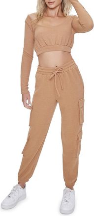 Forever 21 Womens Waffle Knit Cargo Joggers Casual Pants, Camel, Large