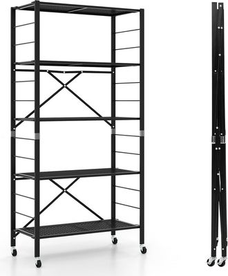 Costway Costway - Estante Plegable Con Ruedas, Estanter&iacute;a Ajustable De 5 Niveles, Estante Desmontable De Metal Resistente, Estanter&iacute;a De Gran Almacenaje Para 