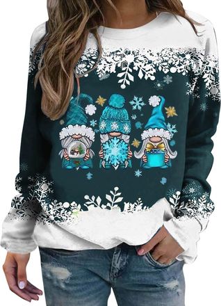 Generic Women Pullover Sweater Tops Merry Christmas Print O Neck Sweatshirt Women Xmas Long Sleeve Top Funny Graphic Snowman Xmas Sweatshirts Cute Xmas Pullov