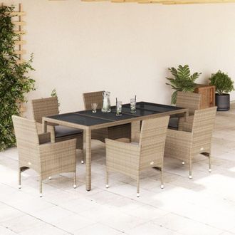 vidaXL Vidaxl - Set Comedor Jard&iacute;n 7 Pzas Cojines Rat&aacute;n Sint&eacute;tico Vidrio Beige