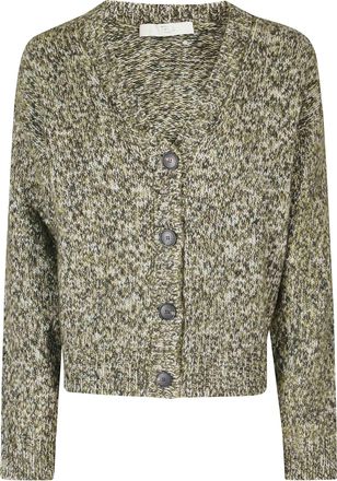 Tela Green Chunky Knit V-Neck Wool-Blend Cardigan