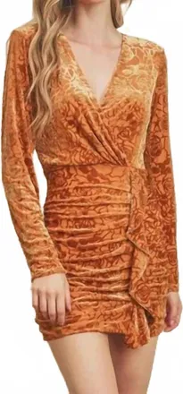 Dress Forum Velvet Burnout Ruched Mini Dress In Golden Ochre