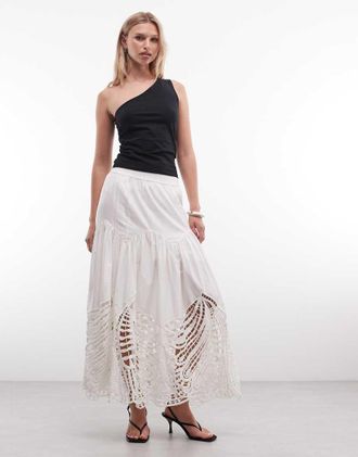 AllSaints Femi - Gonna midi bianca con cut-out e foglie-Bianco
