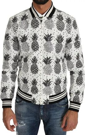 Dolce & Gabbana White Black Pineapple Bomber Coat Mens Jacket