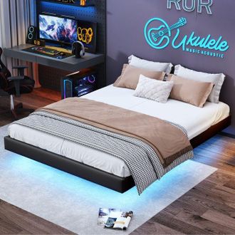 OEM Estructura De Cama Con Arc&oacute;n 160x200 Cm Negro - Led Integrado, Almacenamiento Hidr&aacute;ulico, Somier De Lamas