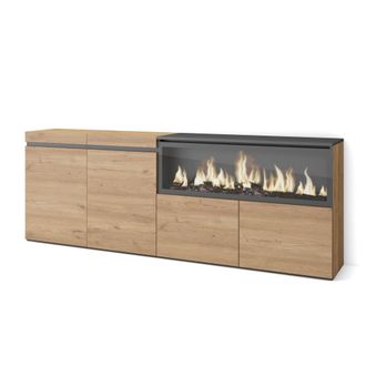 Skraut Home Aparadores Para Sal&oacute;n, Gran Capacidad De Almacenaje, 210, 4 Puertas, Chimenea El&eacute;ctrica Xxl, Estilo Moderno, Roble - Skraut Home