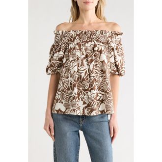 CeCe by Cynthia Steffe Off the Shoulder Short Sleeve Top in Tan Multi at Nordstrom Rack, Size Medium