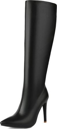 Generic Womens Fashion Knee High Boots Wide Calf with Side Zipper Pointed Toe Stiletto High Heel Pumps Wedding Office Shoes (Black,7.5)