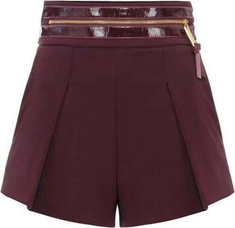 Elisabetta Franchi Korte Broeken, Dames, Rood, XL, Leer, Shorts in lichte crêpe stof met tailleband van craquelé leer