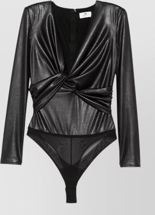 Elisabetta Franchi faux-leather twist-detail v-neck long-sleeve bodysuit