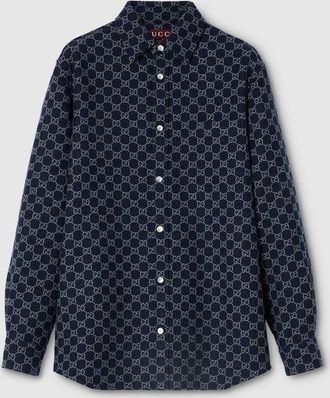 Gucci GG Brushed Flannel Shirt, Size 42, Blue, Ready-to-wear